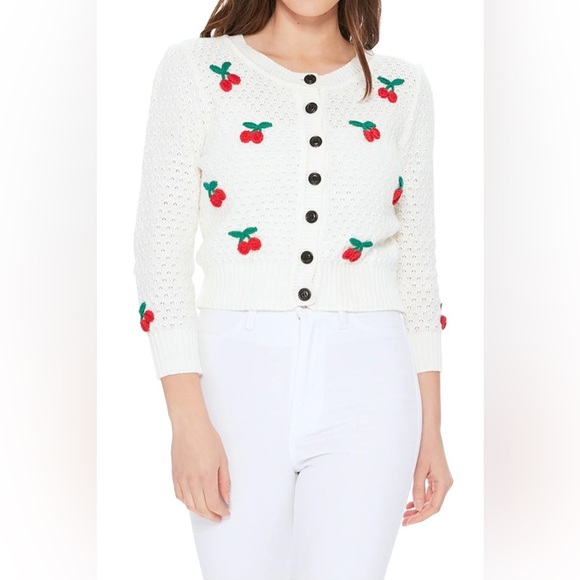 Cherry Embroidered White Cardigan NWOT - Picture 1 of 5